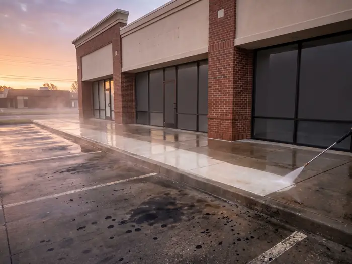 Commercial storefront walkway being pressure washed at dawn